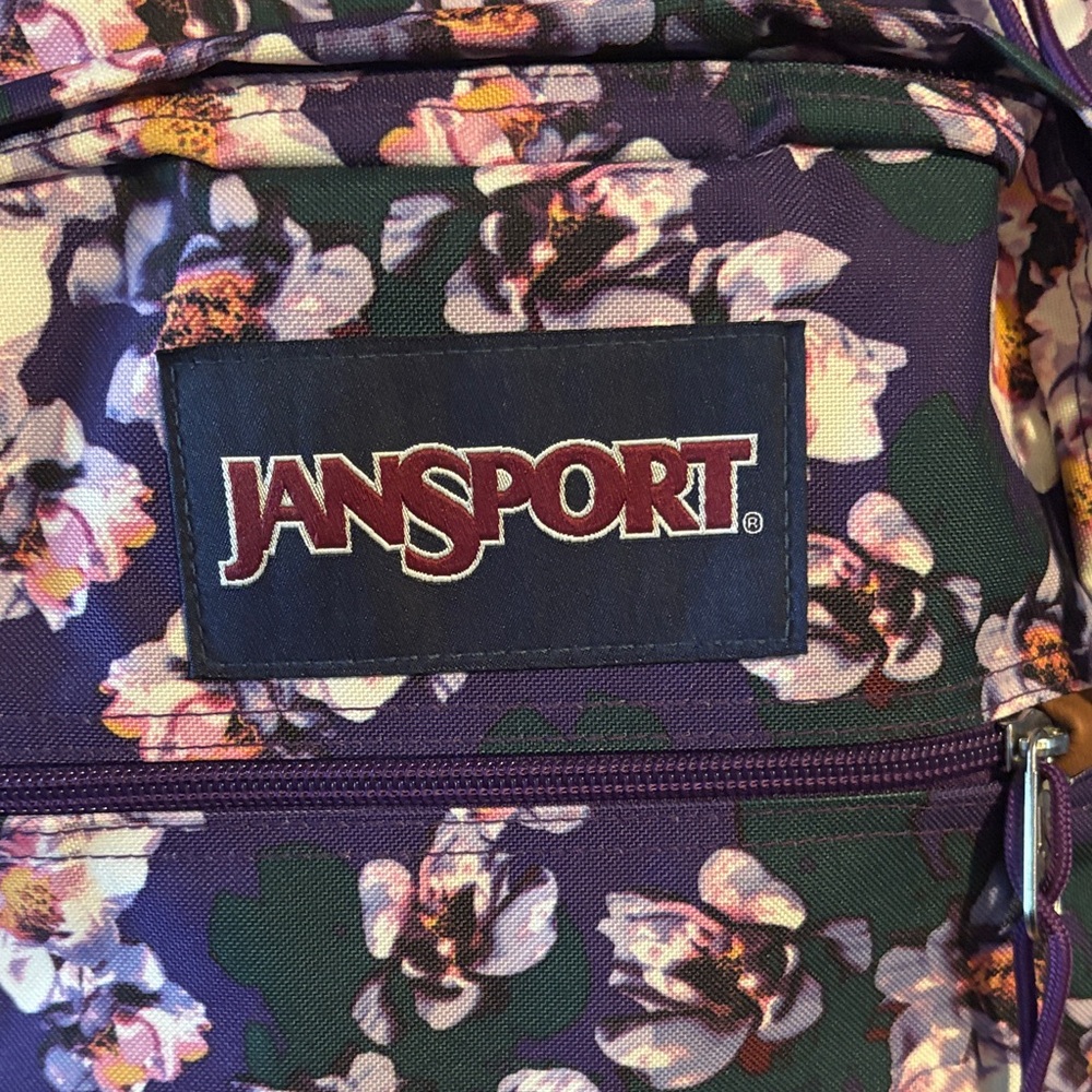 Jansport Purple Floral Print Backpack with Brown Suede Base - Picture 2 of 9